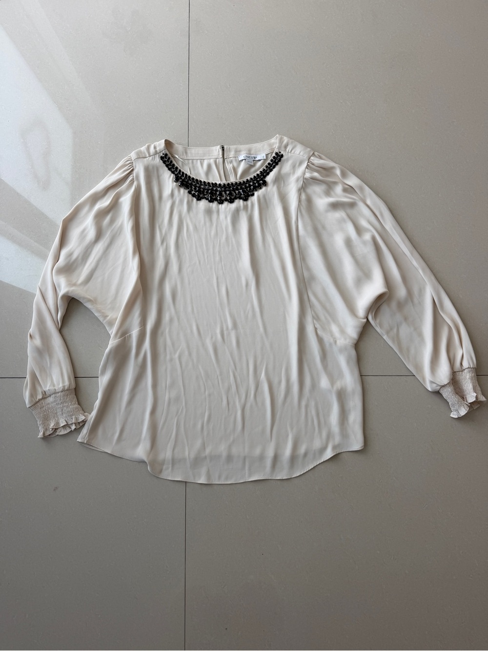 Chico's Cream Blouse with Black Beaded Necklace Detail
